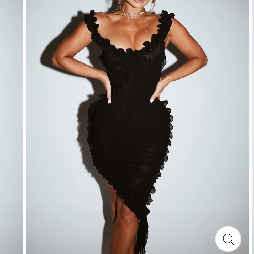 RUFFLE DETAIL ASYMMETRIC DRESS IN EBONY